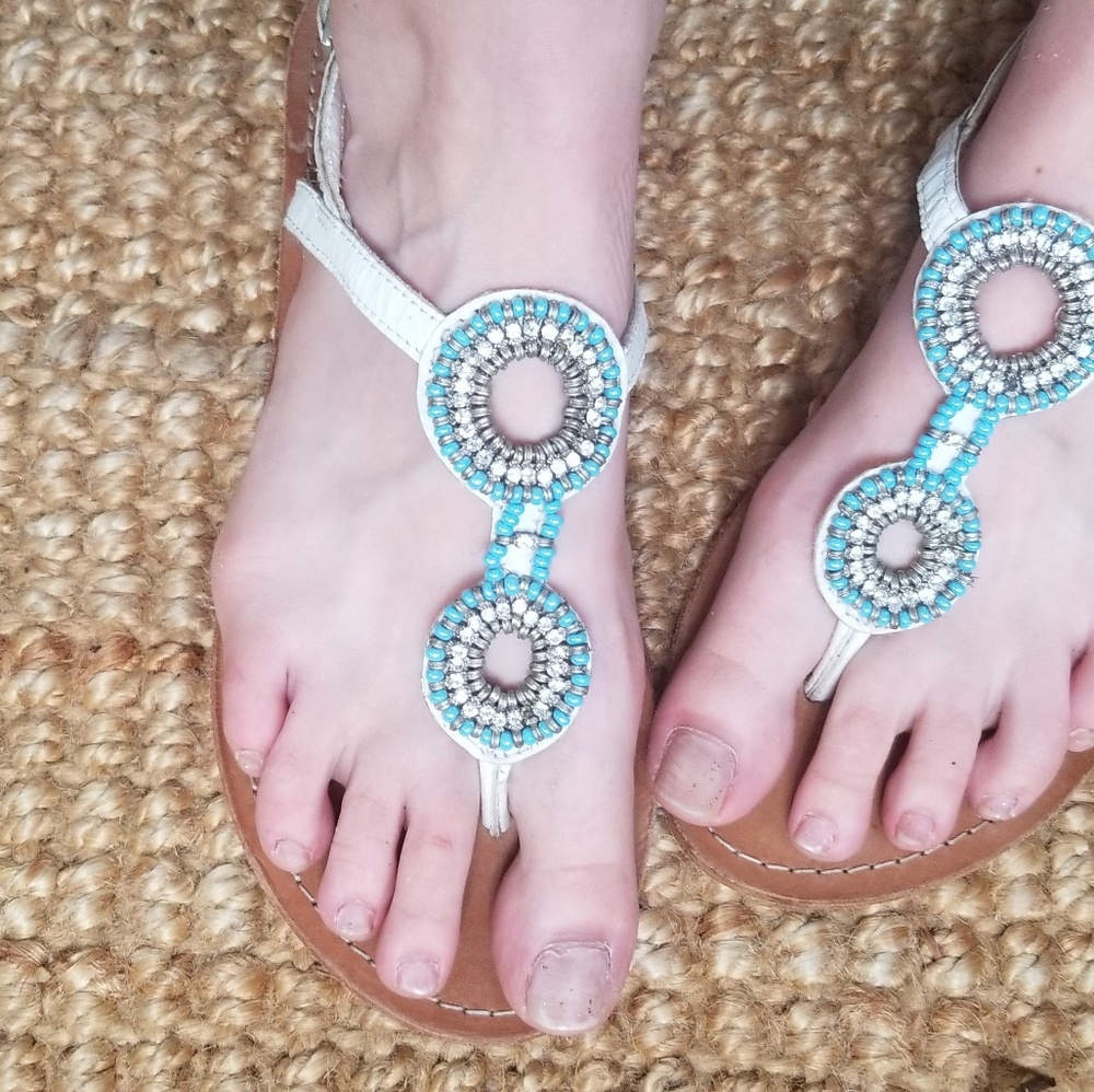 •Leather bead & cz stone sandals•